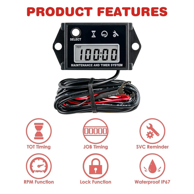 RileyFine RQ-HM026C Digital Tachometer, Total Hours, SVC Reminders,Waterproof IP68, for Gasoline Engine Equipment Such as Lawn Mowers, Tractors, Jet Skiers, Marine Boats, Outboard Engines (Black) - Image 2